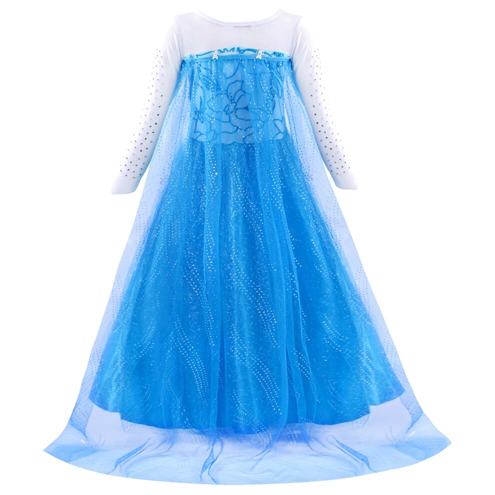 (9~10 Years) Girls Princess Dress Frozen Snow Queen Princess Elsa Dress for Girls Fancy Dress for Wedding, Party, Christmas Pageant, Cosplay-crown-jewelry scepter wig  blue gloves