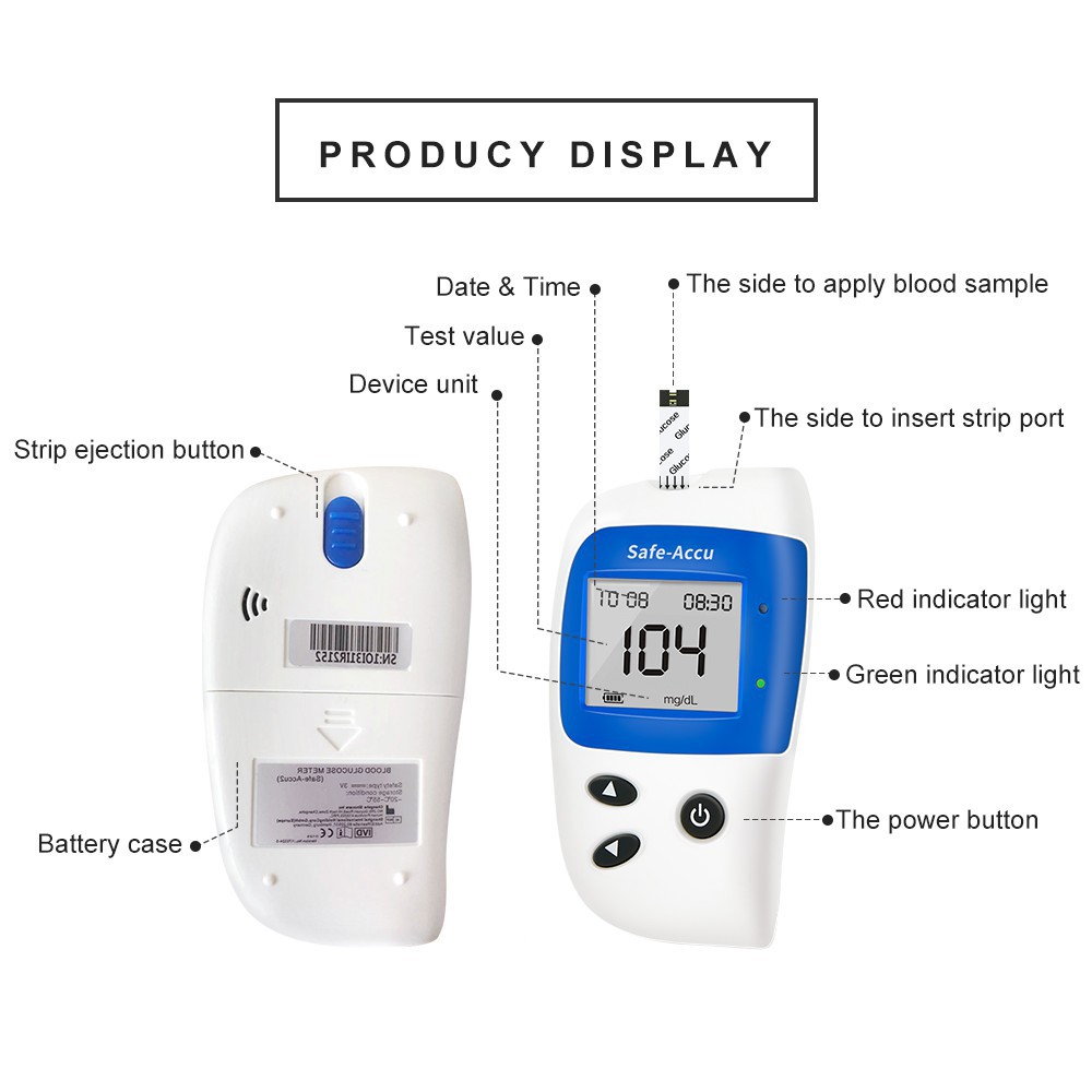 (Host mg/dL+50X test paper+50X needles) Sinocare Safe-Accu 2 Blood Glucose Meter Glucometer Kit Diabetes Tester 50Test Strips Lancets Medical Blood Sugar Meter
