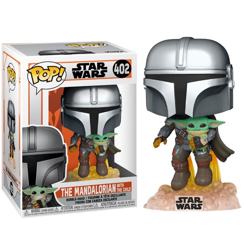 Funko POP Vinyl Star Wars: The Mandalorian Mando Flying with Jet Display Stand Holding Baby Yoda In His Arms Pack Chrome Armour Action Figure Collectible Toy Kids Gifts Grey