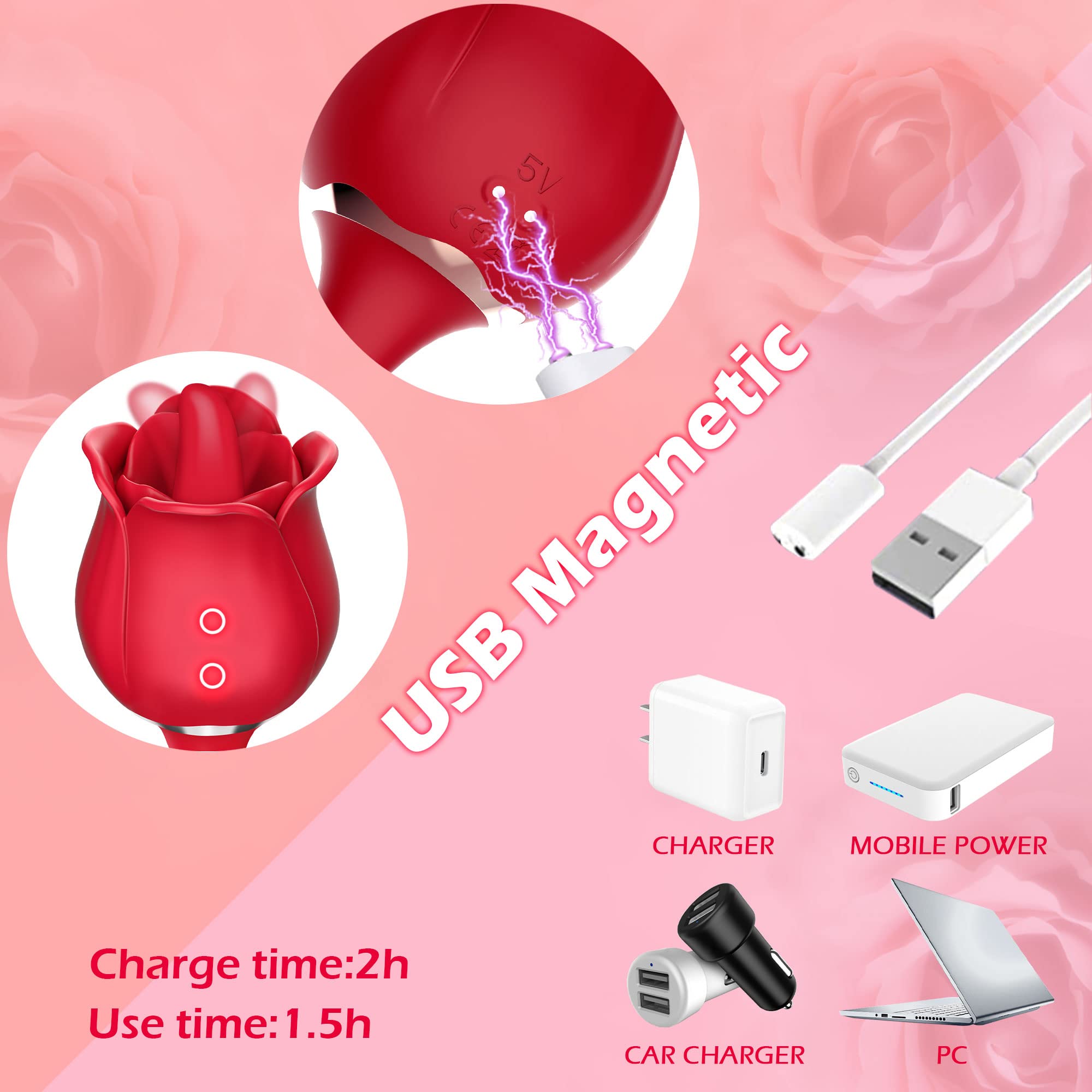 Rose Sex Toy G Spot Vibrator for Women Adjustable Massager Wand Dildo Tongue Adult Toys with 9 Tongue Licking and Vibrating Modes
