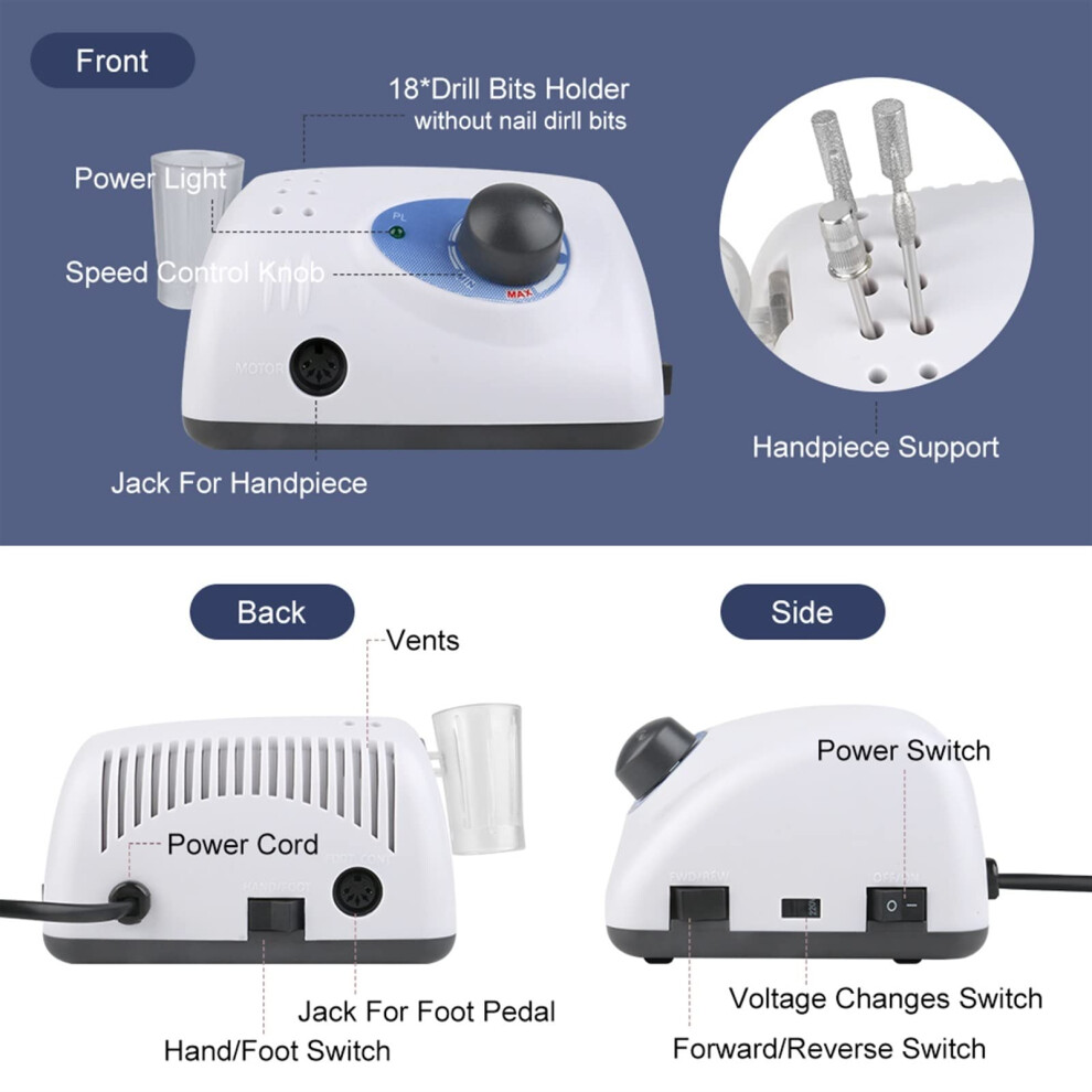Electric Nail Drill Machine 40000RPM Electric Nail Manicure Machine Adjustable Speed Manicure Pedicure Electric Nail File Gel Nails Exfoliating Polishing