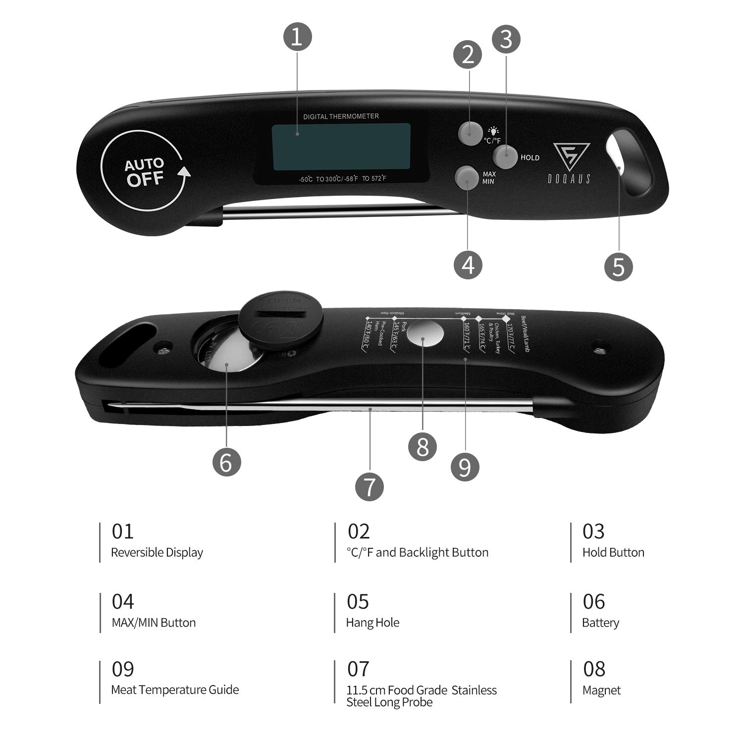 (Black) DOQAUS Digital Meat Thermometer Instant Read Food Thermometer with Backlight LCD Screen Foldable Long Probe Auto On Off Perfect for Kitchen BBQ Water Meat Milk Cooking Food
