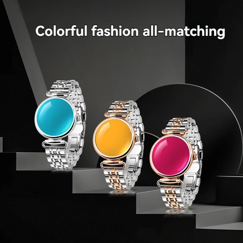 (Gold) Women Smart Watch 1.28 Inch AMOLED HD Screen 3D Gem Mirror Stainless Steel BT Call Female Security Period Blood Oxygen