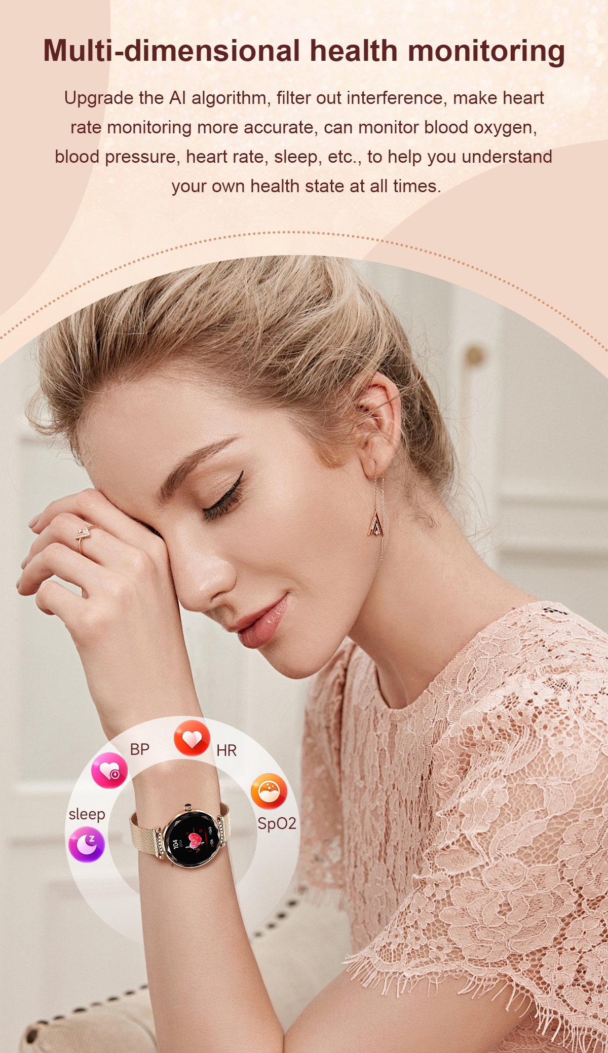 (Gold) Lady Smart Watch Fashion 1.19 Inch AMOLED BT Call Women Female IP68 Smartwatch