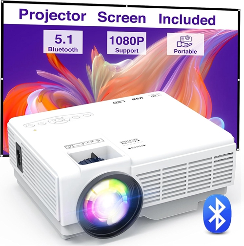 Mini Projector Portable with Screen Bluetooth Projector Full HD 1080P 10000L Outdoor Home Cinema Video Projector 50 Zoom Compatible with Smartphone Laptop TV Stick Energy Class A