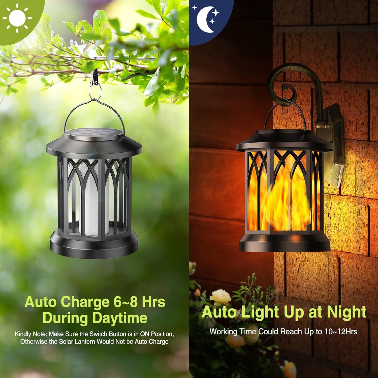 2 Pack Solar Lights Outdoor Garden  Hanging Solar Lanterns with Realistic Flickering Flame LED