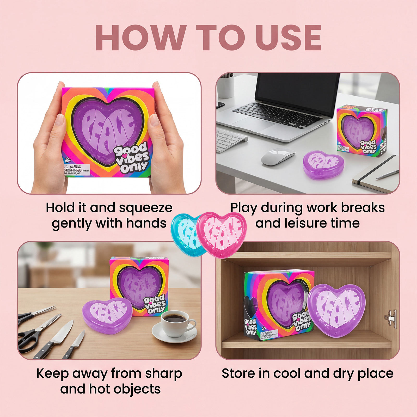 (Pink-Pink) Heart Squeeze Toy Pink Heart Shaped Soft Slow Rebound Fun Portable Daily Stress Relief Play Item