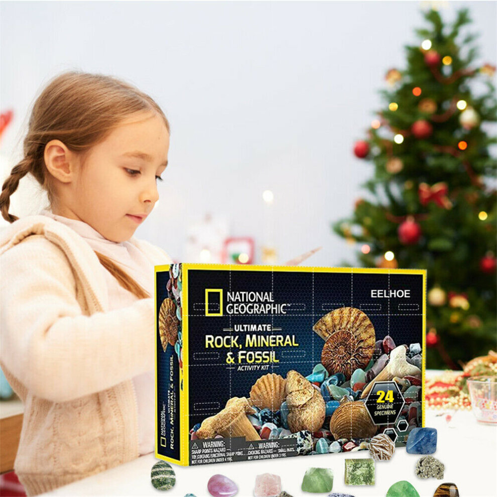 Advent Calendar Stone Rocks Mineral Fossil Kit 2022 Christmas 24 Days Countdown Calendar Geology Enthusiasts Collection Xmas Suprise Gift Box Treasure Ore Guessing Fun Toy Early Childhood Education Toys