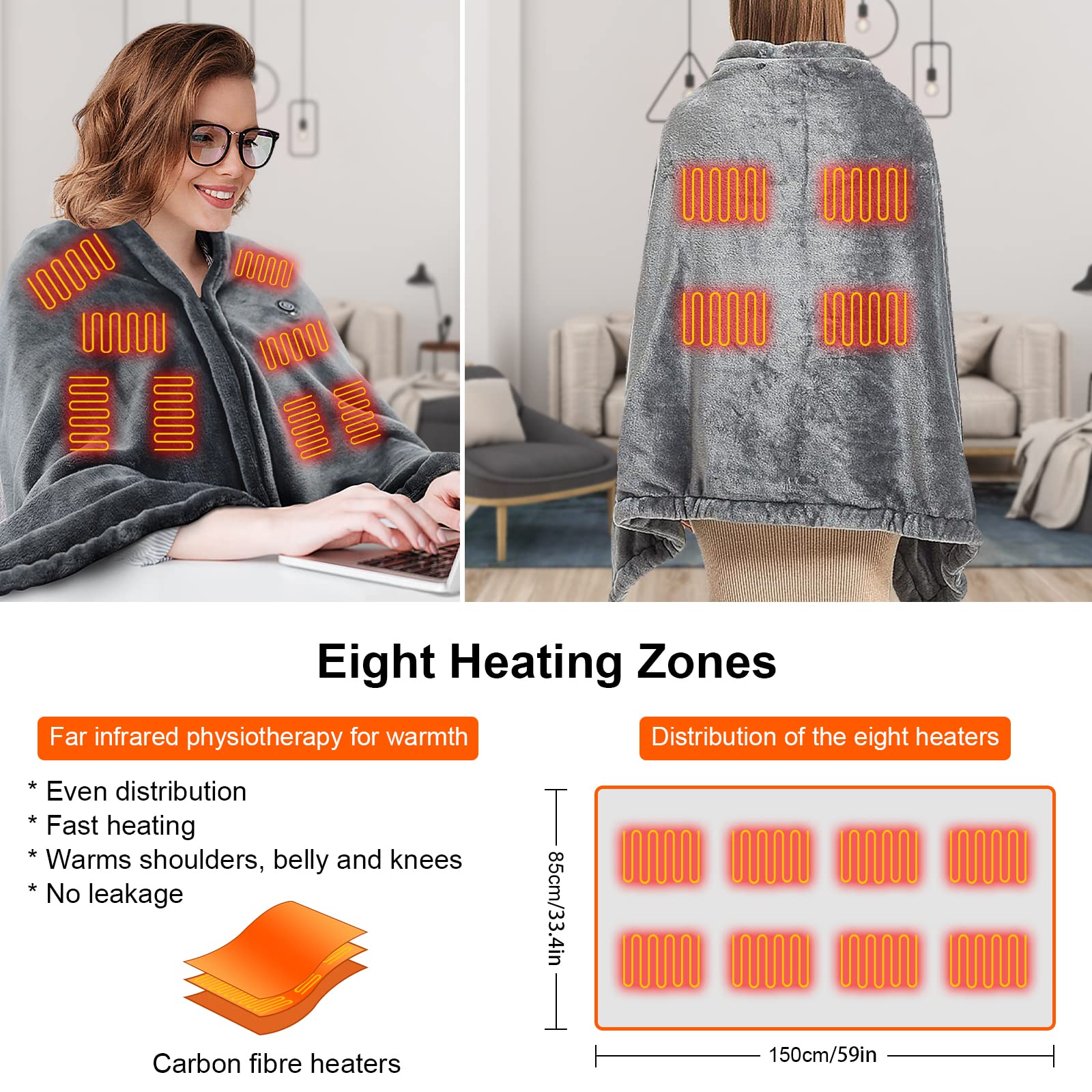 Electric Blanket, USB Heated Shawl Electric Heated Blanket Plush Flannel Blanket with 3 Heat Level Settings for Car Office Home Travel