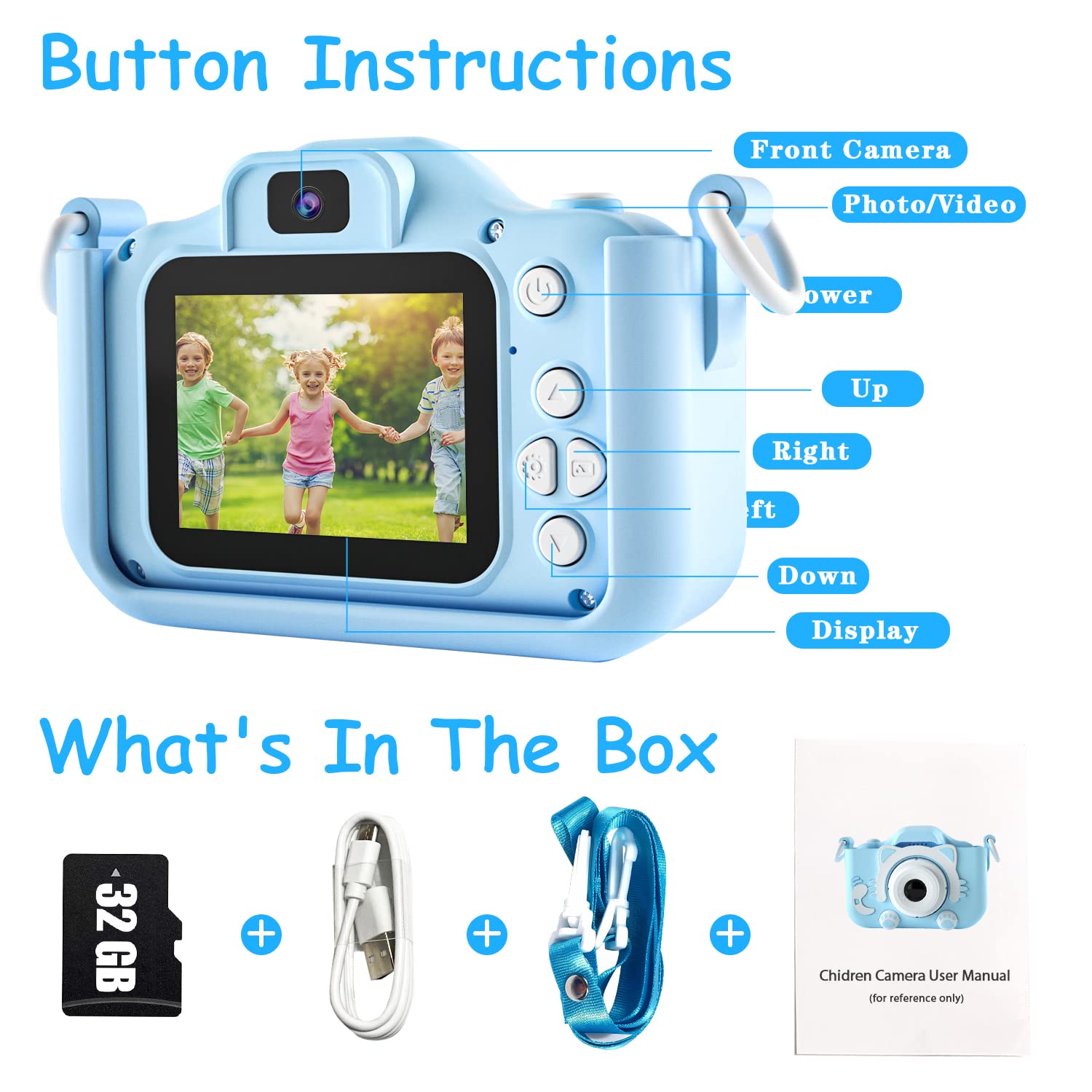 (Blue) Kids Digital Camera Video Camcorder Shockproof Rechargeable with 32GB SD Card Cartoon Soft Silicone Case for Outdoor Play Toys Christmas Birthday Festival Gifts for Child Toddler