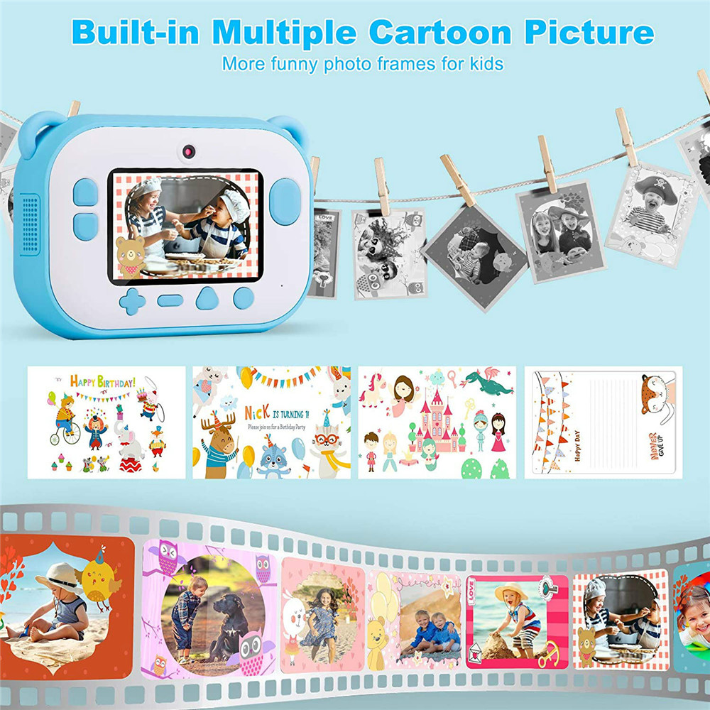 (Blue) Kids Instant Print Camera Video Photo Camera No Ink Instant Camera Mini Educational Toys 1080P Projection HD Screen Birthday Holiday Christmas Gift for Kids Girls Boys Teens