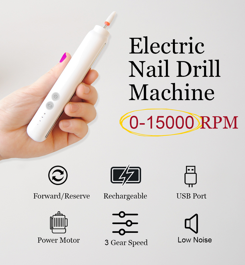 (White) Nail Drill USB Wireless Rechargeable Electric Nail Drill Machine Cordless Portable Drilling Nail Machine Portable Manicure Drill Set With Led Light Adjustable Speed
