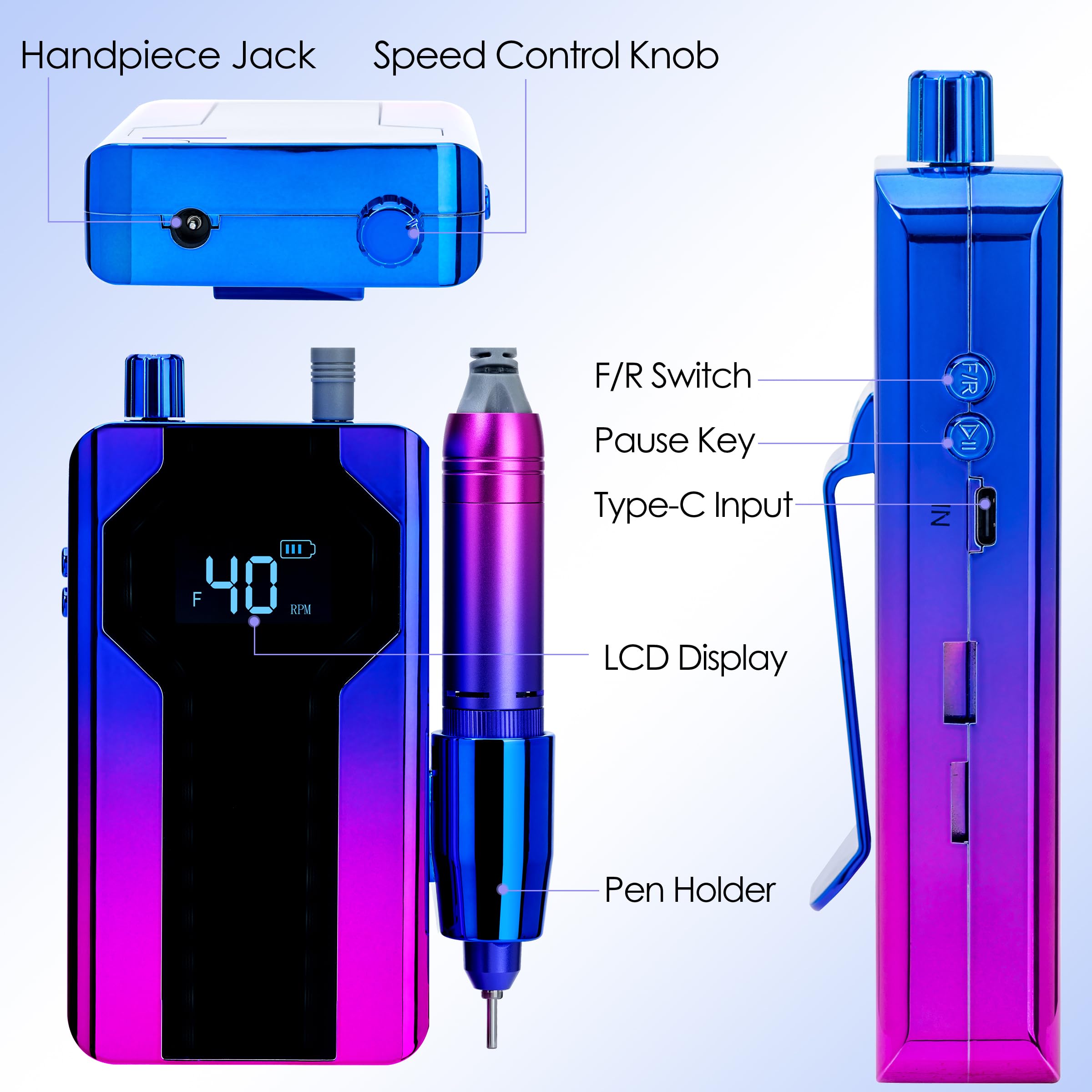 40000 RPM Electric Nail Drill Electric Nail File Professional Perfect Gift for Nail Lover-Blue-Violet