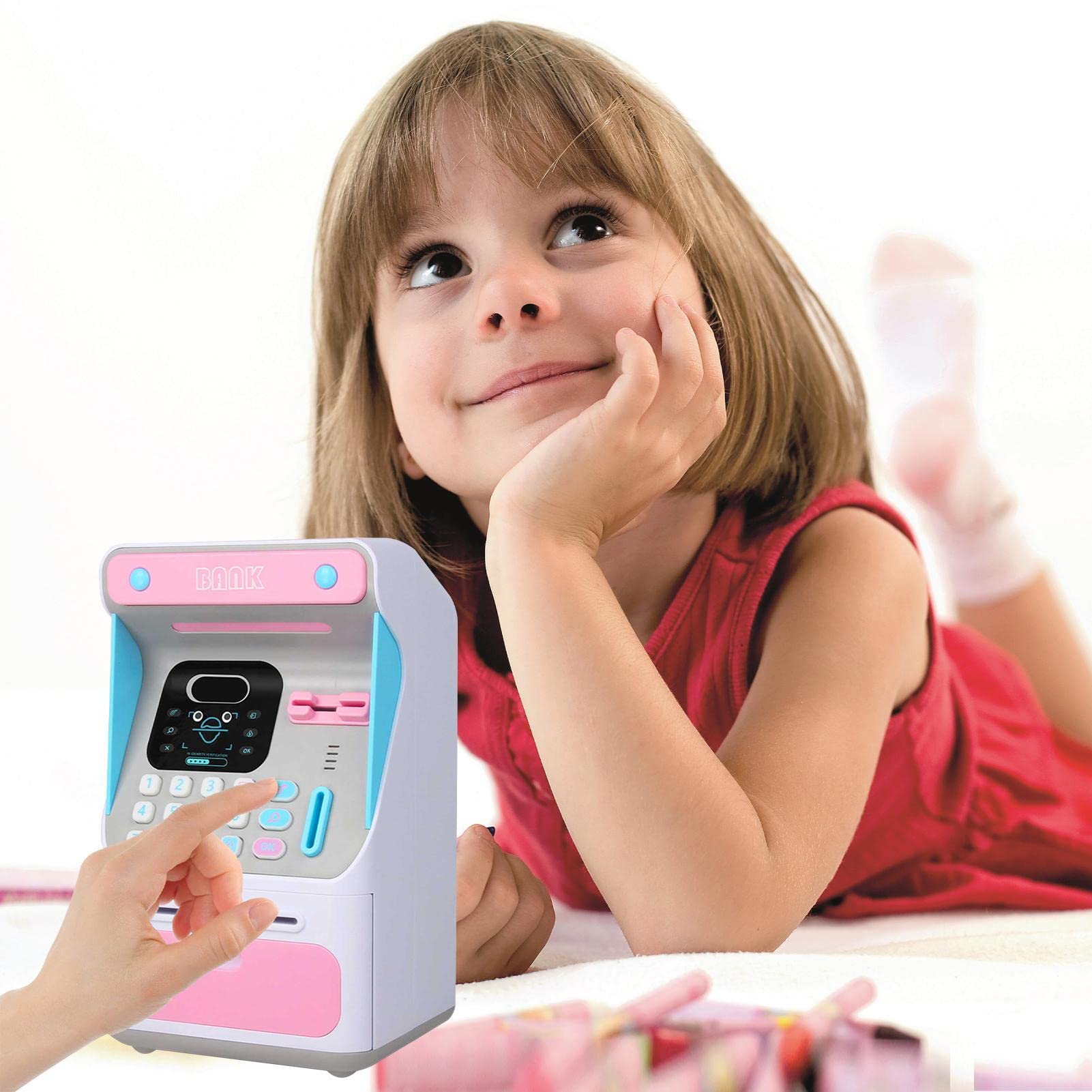 (Blue) Electronic Piggy Bank ATM Cash Coin Money Box With Face Recognition Unlocking Birthday Toys Gifts