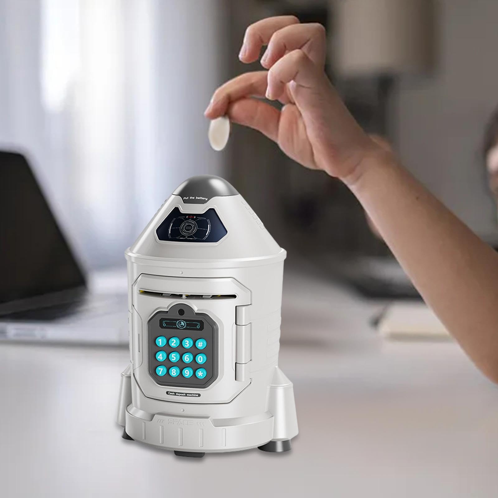 (Blue) Rocket Piggy Bank Electronic ATM Savings Machine with Password Face Recognition Auto Scroll ATM Machine for Boy Girls