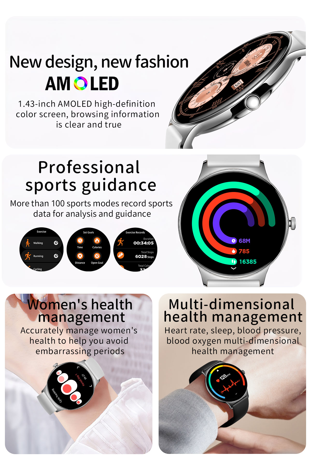 (Black Silicone	) Smart Watch Ladies AMOLED HD Screen Health Tracker Sports Bluetooth Call Heart Rate Blood Pressure Oxygen Monitor Smartwatch Women For iPhone Android