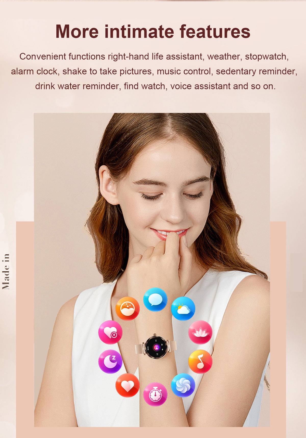 (Gold) Lady Smart Watch Fashion 1.19 Inch AMOLED BT Call Women Female IP68 Smartwatch