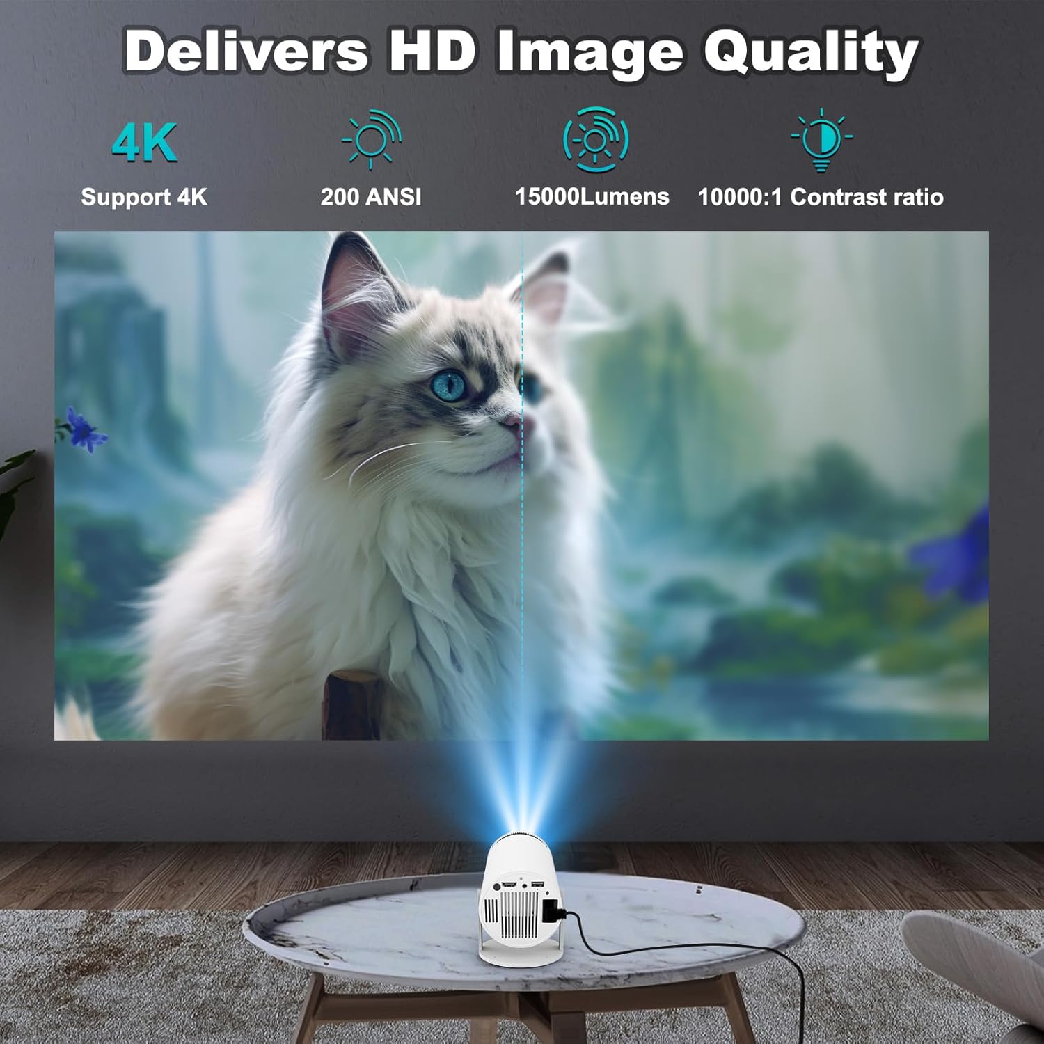 (White) Mini Projector with WIFI and Bluetooth, 4K 1080P Support Portable Projector Rotatable 130 Inch Screen Movie Projector Auto Keystone Compatible for Laptop PC Smartphone