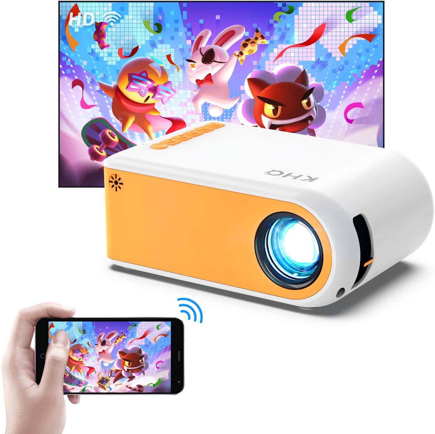 Mini Projector, HD 1080P Supported Portable Projector Movie Projector for Outdoor Indoor Home Theater Wifi Screen Mirroring for Smartphone Compatible with Tablet TV Box Roku etc