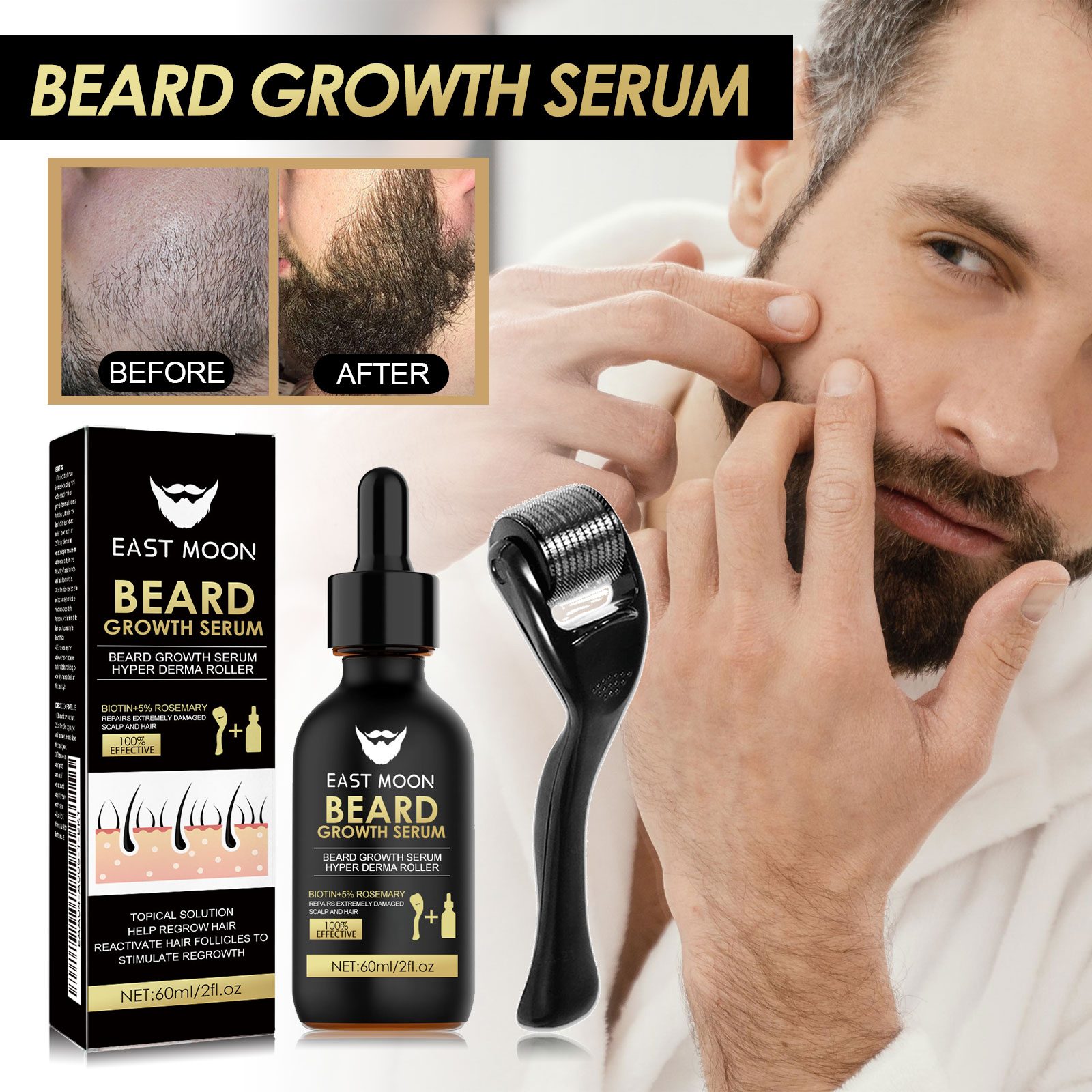 60ml Beard Growth Serum Men Essence Care Moisturizes Nourishes Roots Strengthens Beard For Thicker Fuller Softer Hair ﻿