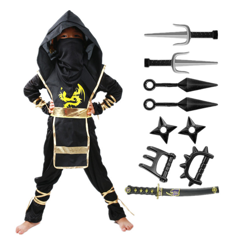 (S) Ninja Samurai Costume Set for Child Halloween Cosplay with Sword Accessories Japanese Warrior Outfit New Year Performance Party