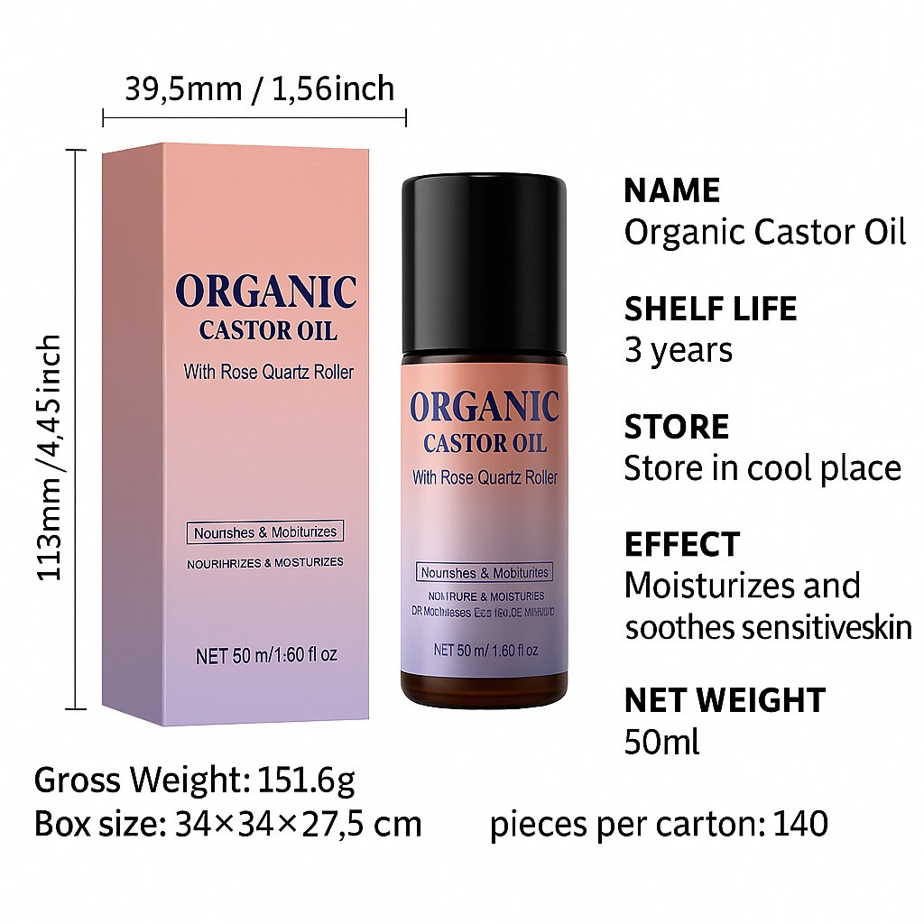 Organic Castor Oil Roll On Moisturising Hair and Lash Oil for Daily Home Care Clear 50ml