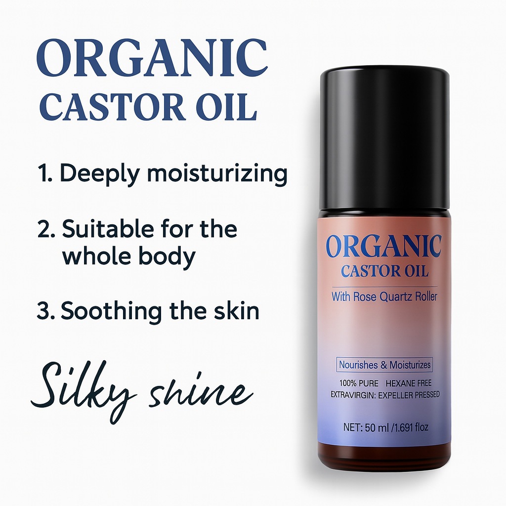 Organic Castor Oil Roll On Moisturising Hair and Lash Oil for Daily Home Care Clear 50ml