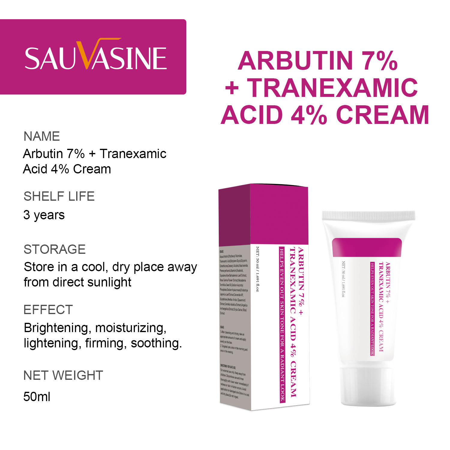 Arbutin Tranexamic Acid Face Cream 7% Arbutin and 4% Tranexamic Acid Brightening Moisturising for Skin Care Home Use Natural