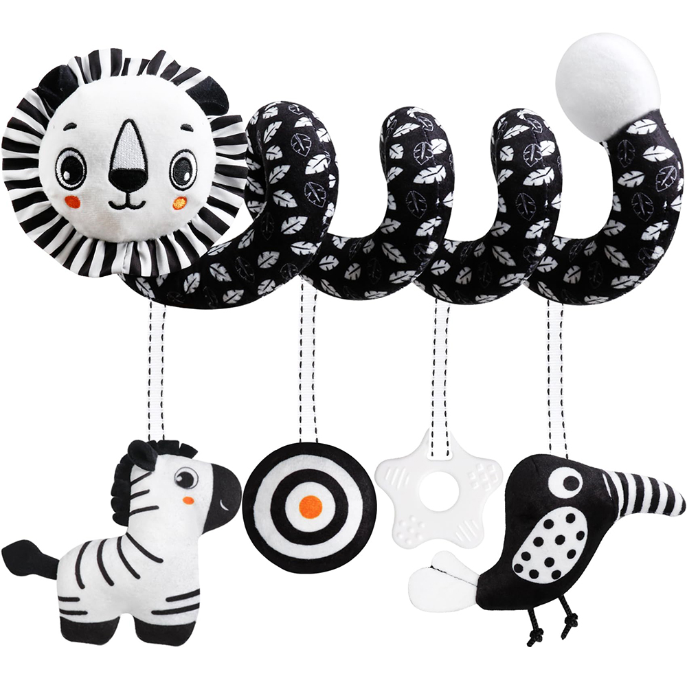 (lion 1151) Baby Carseat Toy Black & White Lion Koala Rattle Spiral Hanging Activity Stroller Toy for Newborns Crib Mobile Sensory Toy Gifts