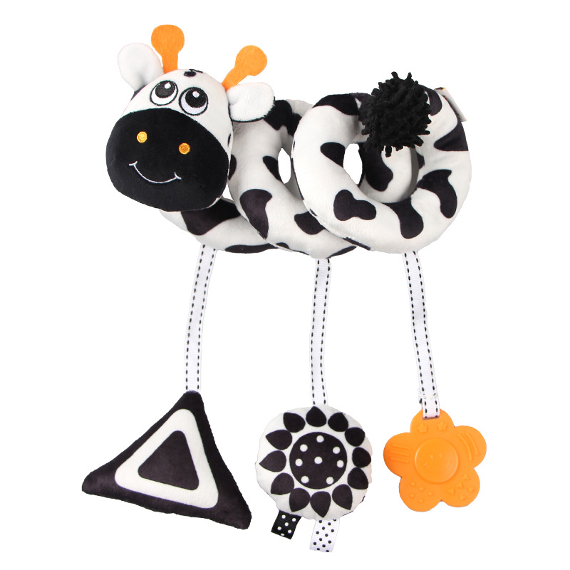 (cow 798) Baby Carseat Toy Black & White Lion Koala Rattle Spiral Hanging Activity Stroller Toy for Newborns Crib Mobile Sensory Toy Gifts