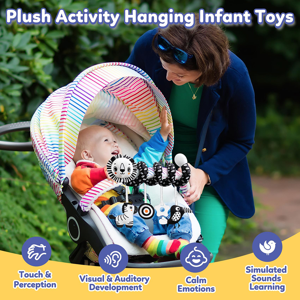 (lion 1151) Baby Carseat Toy Black & White Lion Koala Rattle Spiral Hanging Activity Stroller Toy for Newborns Crib Mobile Sensory Toy Gifts