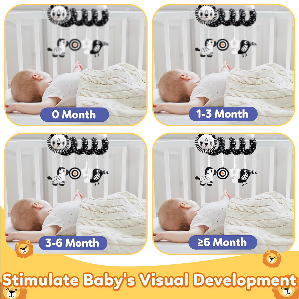 (lion 1151) Baby Carseat Toy Black & White Lion Koala Rattle Spiral Hanging Activity Stroller Toy for Newborns Crib Mobile Sensory Toy Gifts