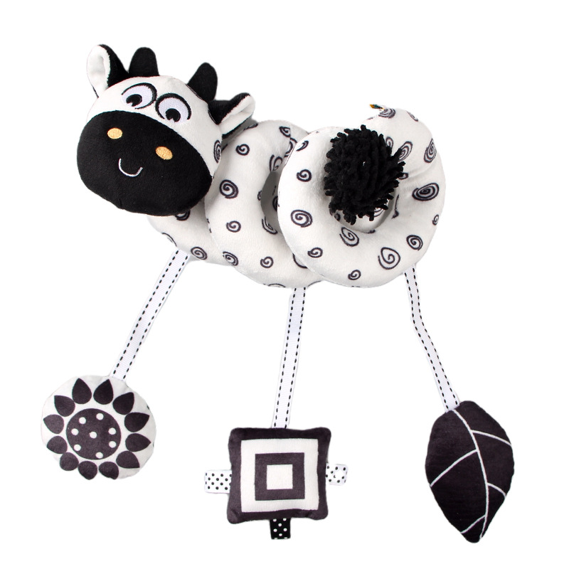 (cow 798) Baby Carseat Toy Black & White Lion Koala Rattle Spiral Hanging Activity Stroller Toy for Newborns Crib Mobile Sensory Toy Gifts