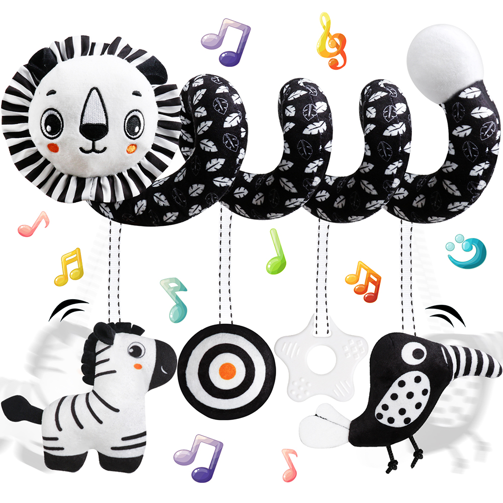 (lion 1151) Baby Carseat Toy Black & White Lion Koala Rattle Spiral Hanging Activity Stroller Toy for Newborns Crib Mobile Sensory Toy Gifts