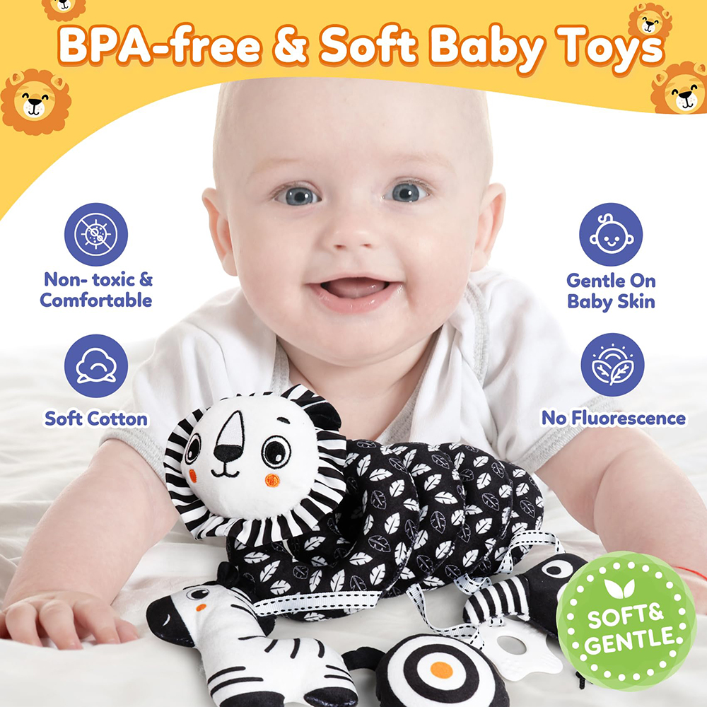 (lion 1151) Baby Carseat Toy Black & White Lion Koala Rattle Spiral Hanging Activity Stroller Toy for Newborns Crib Mobile Sensory Toy Gifts