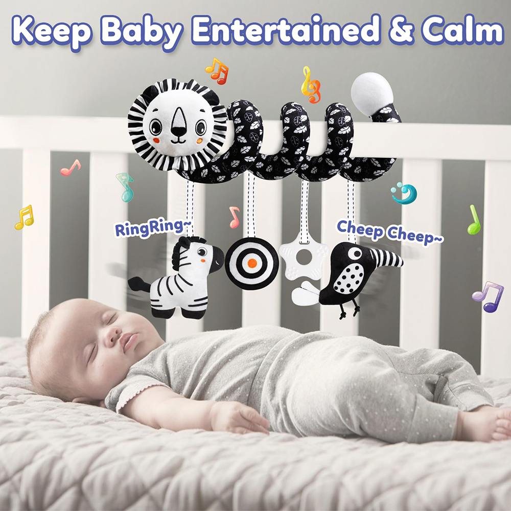(lion 1151) Baby Carseat Toy Black & White Lion Koala Rattle Spiral Hanging Activity Stroller Toy for Newborns Crib Mobile Sensory Toy Gifts