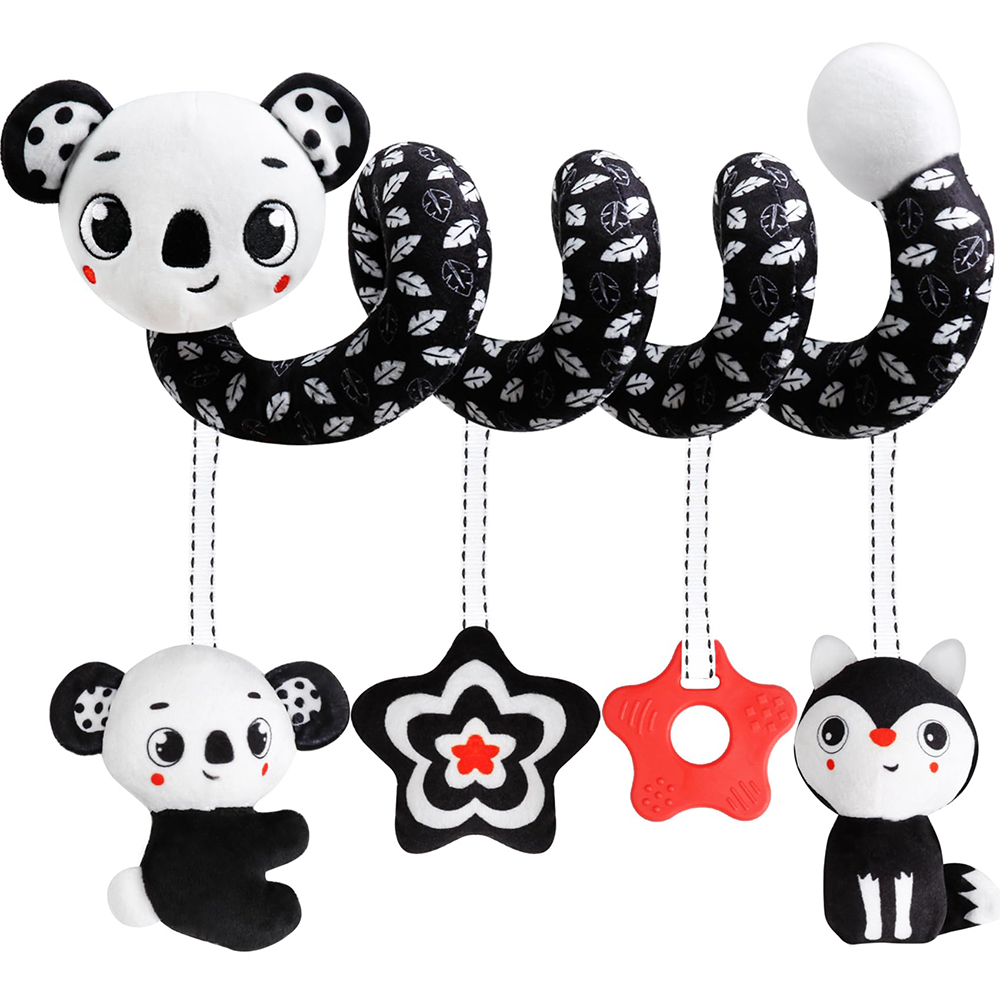(lion 1151) Baby Carseat Toy Black & White Lion Koala Rattle Spiral Hanging Activity Stroller Toy for Newborns Crib Mobile Sensory Toy Gifts
