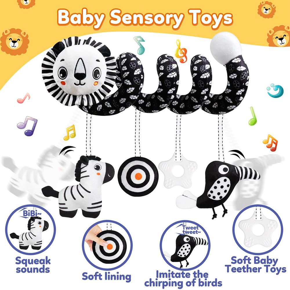 (lion 1151) Baby Carseat Toy Black & White Lion Koala Rattle Spiral Hanging Activity Stroller Toy for Newborns Crib Mobile Sensory Toy Gifts