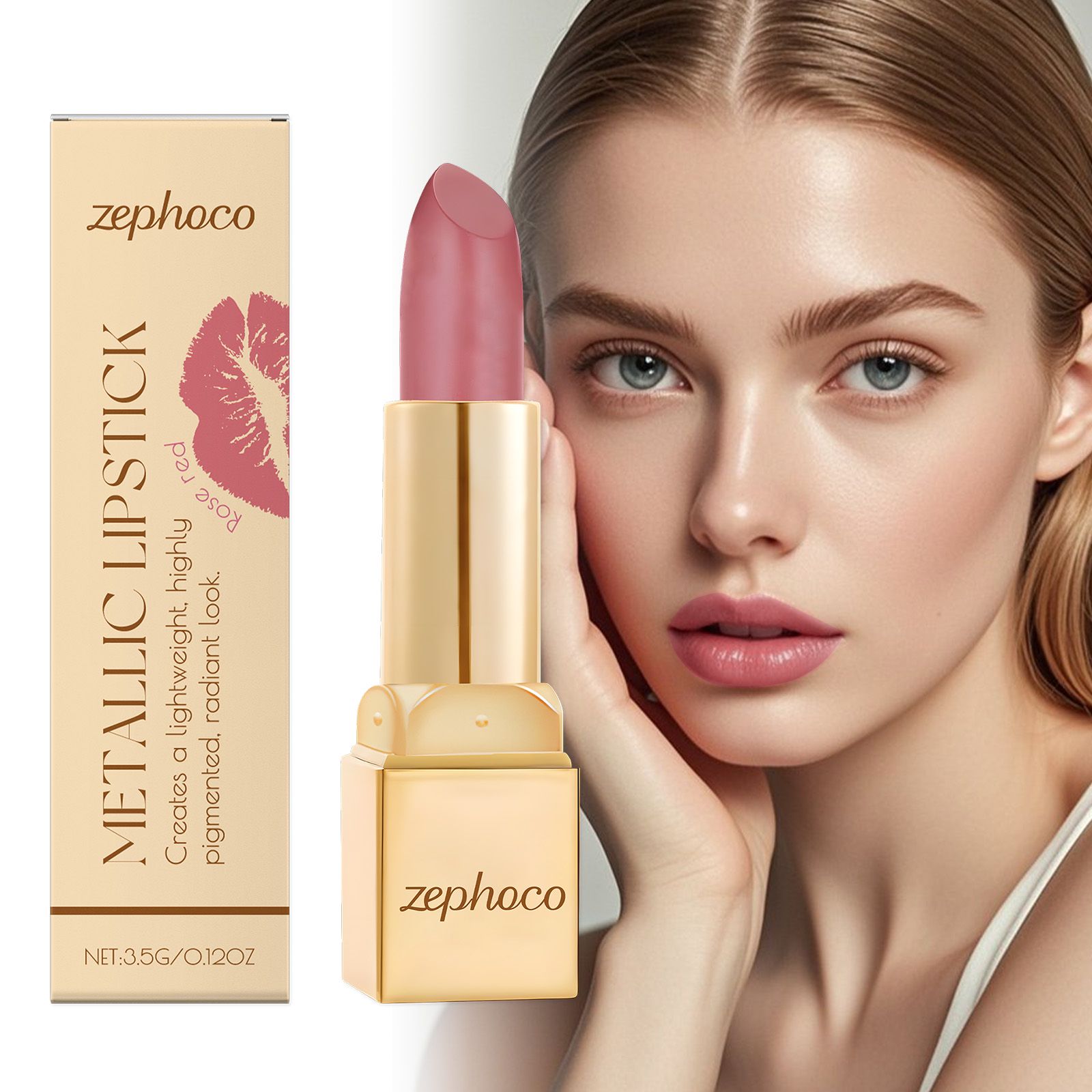 Rose Red Metallic Cream Lipstick Lightweight Moisturizing Shiny Finish For Daily Lip Makeup