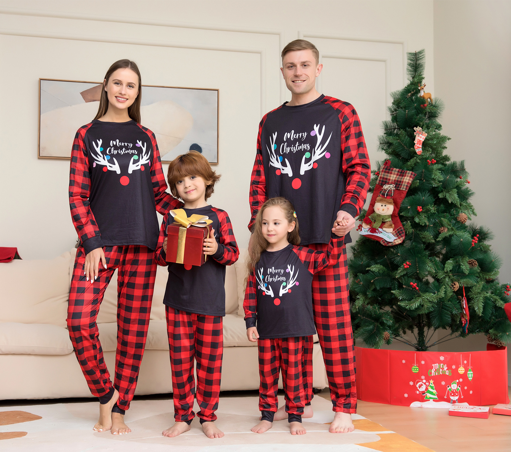 (6M Baby) Christmas family matching pajamas set 2023 Xmas new Santa Claus alphabet Elk print stitching pajamas adult children baby family wear