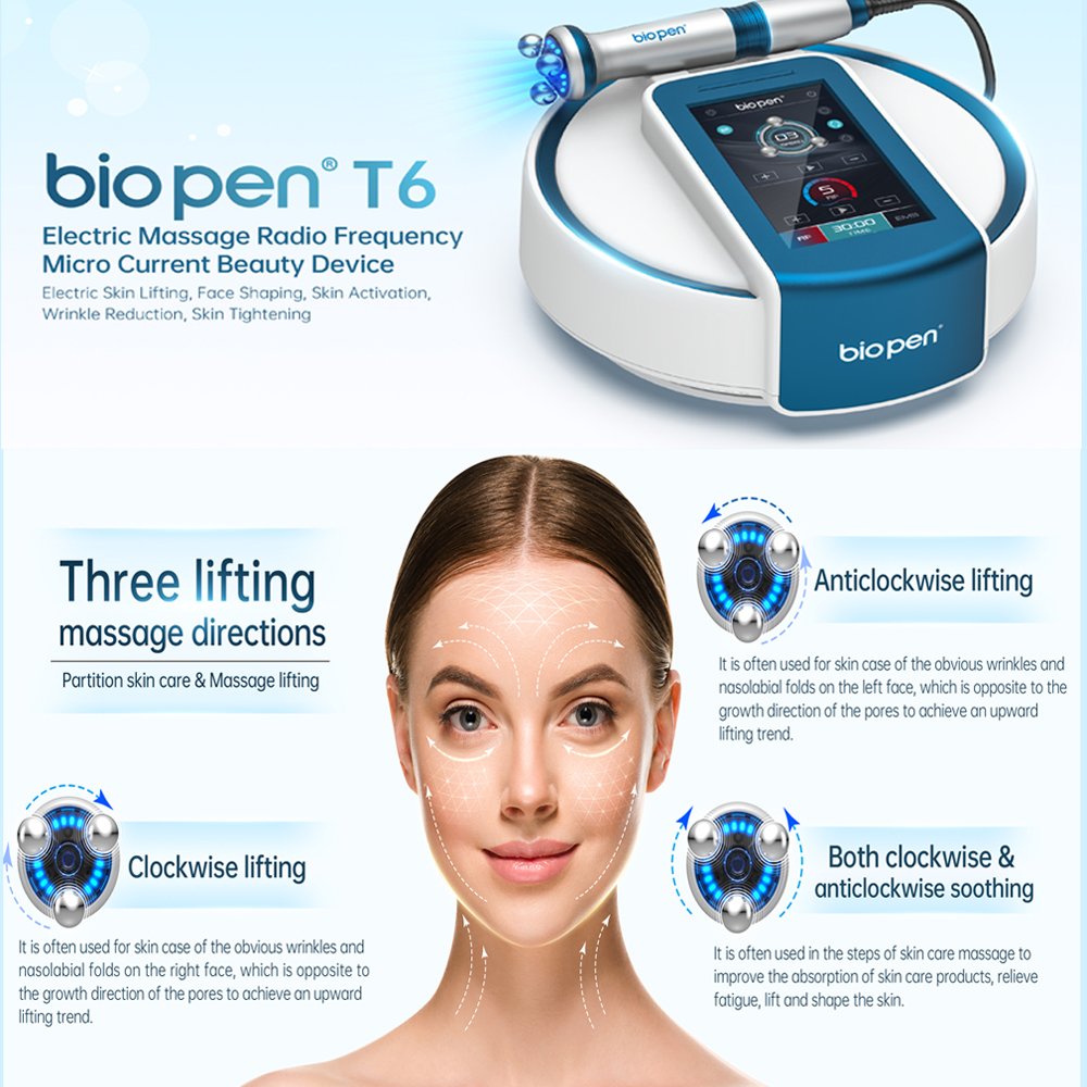 Bio Pen T6 RF Machine EMS Micro-current Led Light Therapy Electric Facial Massager Radio Frequency Beauty Device for Skin Tightening Face Lifting Facial Shaping Anti-Wrinkle
