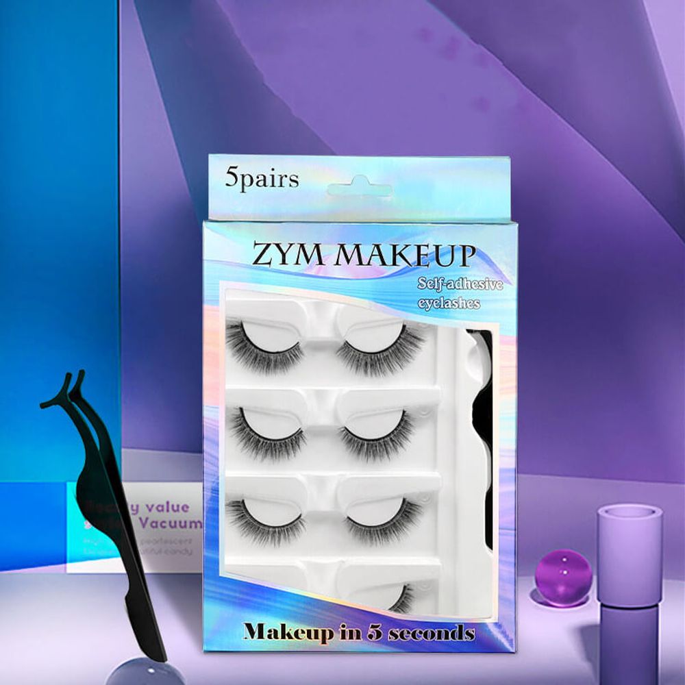 (FZ5~01) Self Adhesive False Eyelashes Fake Eyelashes Extensions False Lashes with Tweezers No Glue No Eyeliner Natural Looking Reusable 5 Pairs