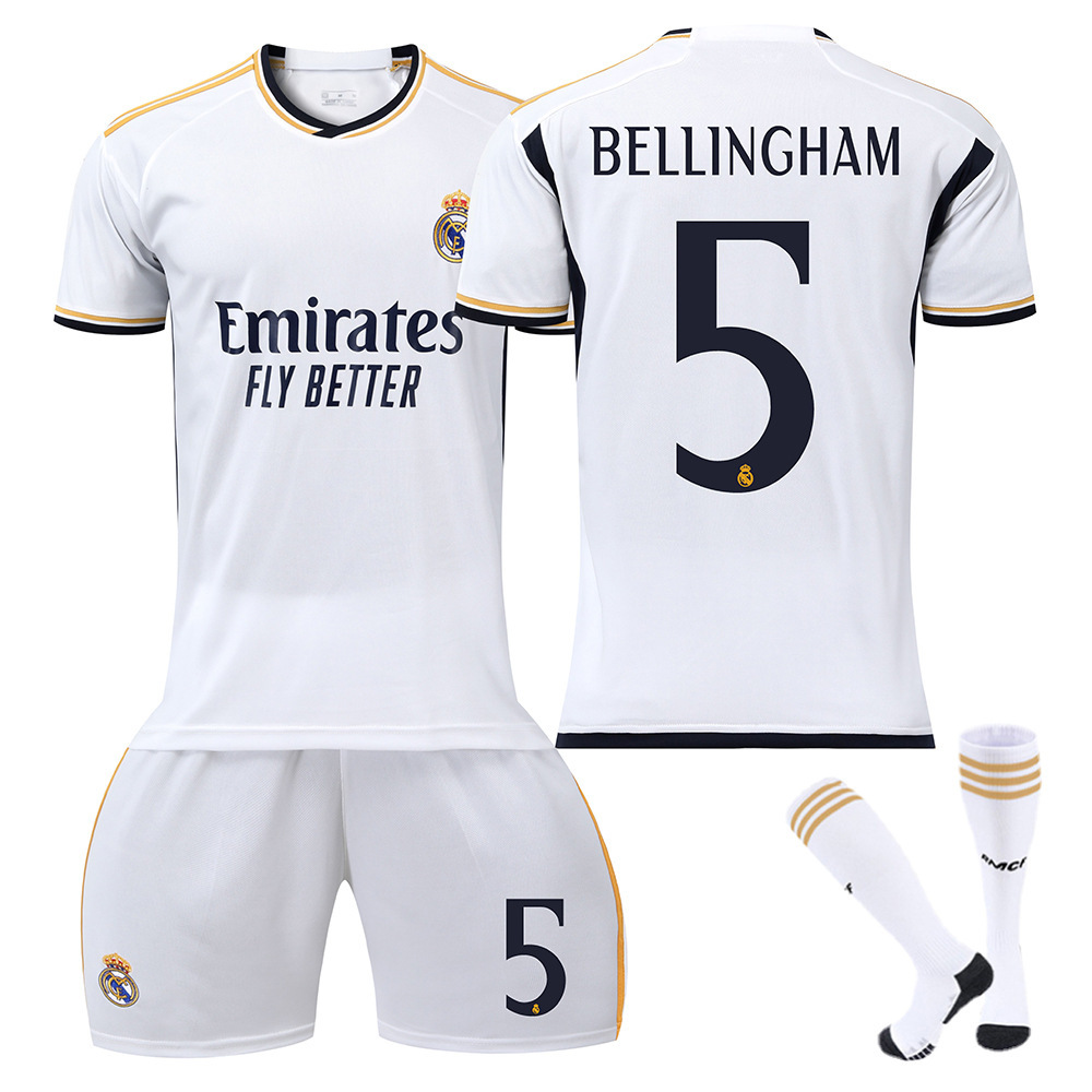 (Kids 2~3 Years) Football Kits Jersey Kit for Kids 2023 2024 Home Away Soccer Jerseys Activewear Football Training Shirts Shorts Socks Sportswear Tracksuit No. 5 Bellingham