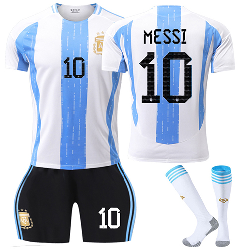 (Kids 2~3 Years) Argentina Messi Jersey Set for Children and Boys Football Jersey 2024 2025 No.10 Soccer Shorts Shirt Socks Set Sportswear Tracksuit Gifts for Fans