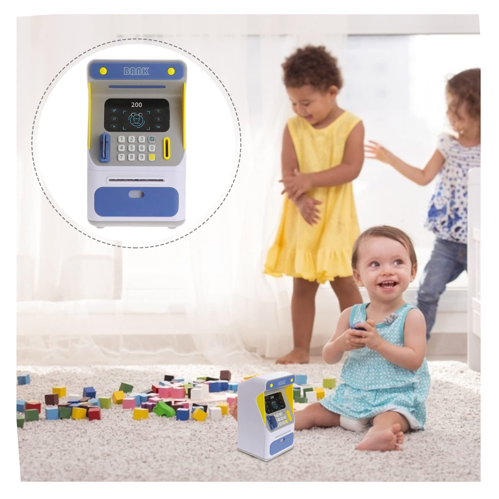 (Blue) Face Recognition ATM Kid Piggy Bank for Kids Electronic Saving Bank Password Cash Pot Safe for Home Saving Pot Child Coin Multifunction