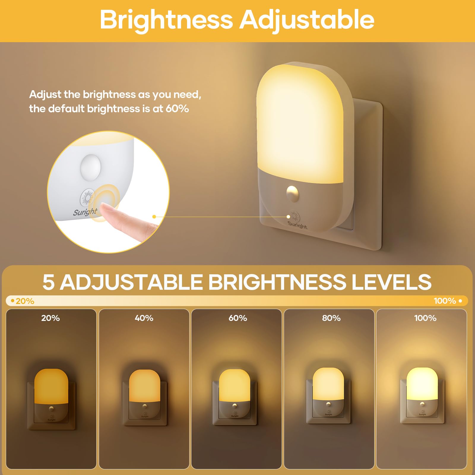 (1 Pack) Night Light Plug in Walls Night Light with 5 Levels of Brightness and Dusk to Dawn Photocell Sensor Night Light Kids for Children Room Stairs Hallway Bedrooms Garage