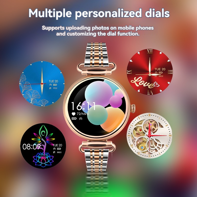 (Gold) Women Smart Watch 1.28 Inch AMOLED HD Screen 3D Gem Mirror Stainless Steel BT Call Female Security Period Blood Oxygen