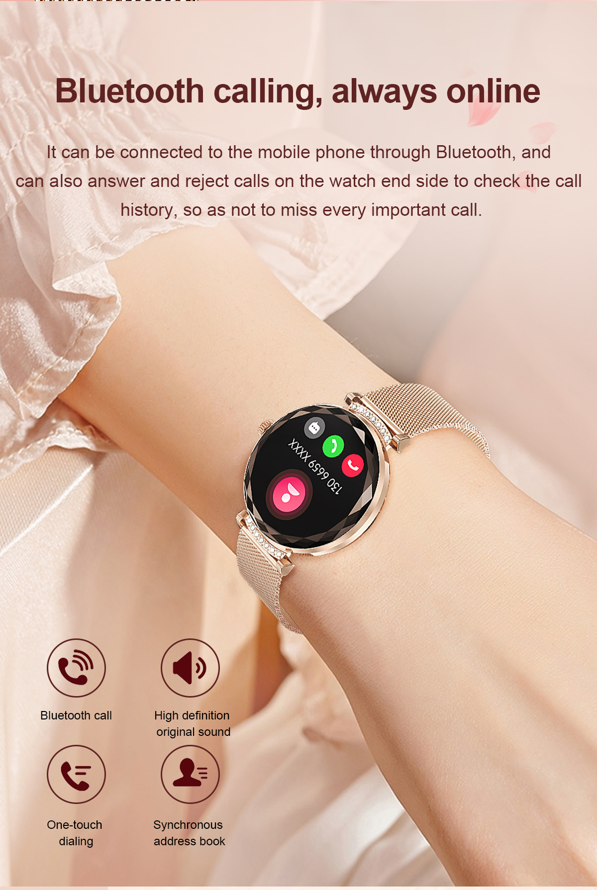 (Gold) Lady Smart Watch Fashion 1.19 Inch AMOLED BT Call Women Female IP68 Smartwatch