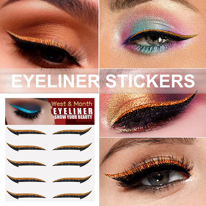(Black A) Waterproof Double Eyelid Line Stickers Glitter Eyeliner Sticker Set Reusable Eye Makeup Fake Self Adhesive Sticker Beauty Accessories Eye Cosmetics 6 pairs