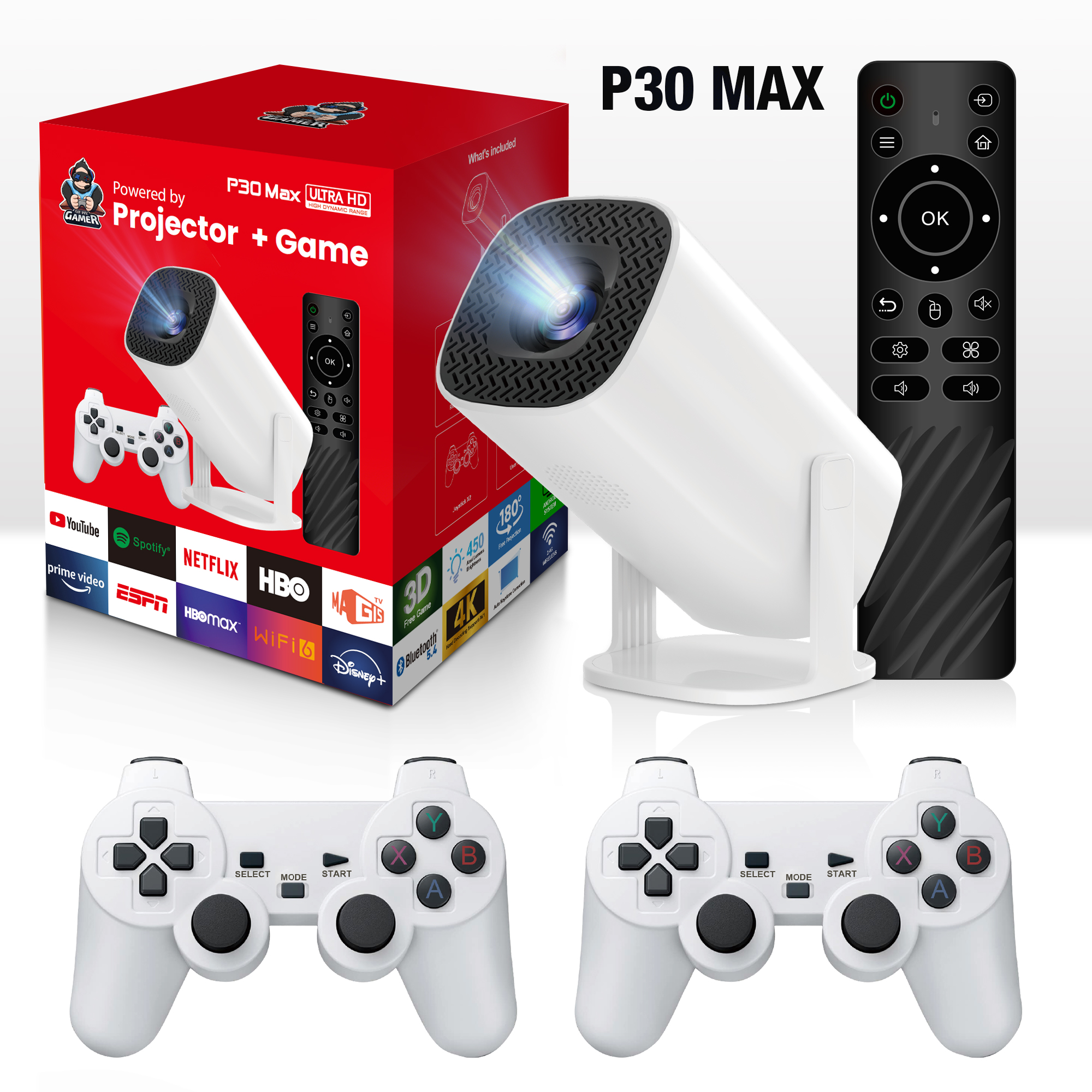 Game Projector Support 4K 1080P Android Portable Projector High Definition with 2 Wireless Game Controllers Video Game Console Home Theater Projector